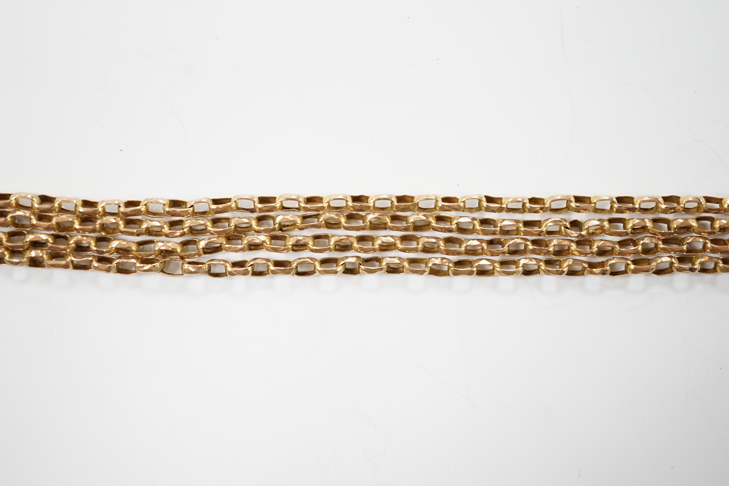 A 19th century 9ct oval link guard chain, 145cm, 8.4 grams.